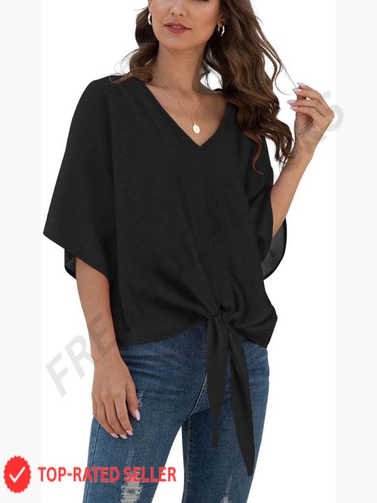 Tie Front Chiffon Blouse V Neck Batwing Short Sleeve Flare Sleeve Summer Top